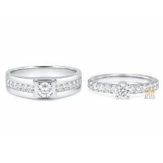 Nhẫn cặp vàng trắng Au750 đính kim cương