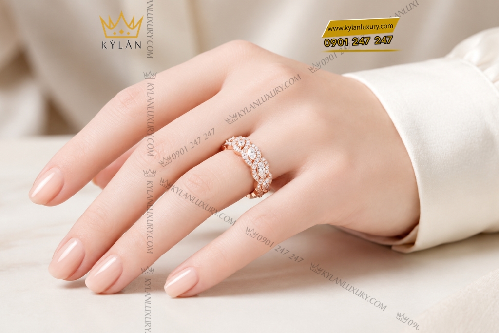 Nhẫn nữ vàng hồng Au750 đính kim cương