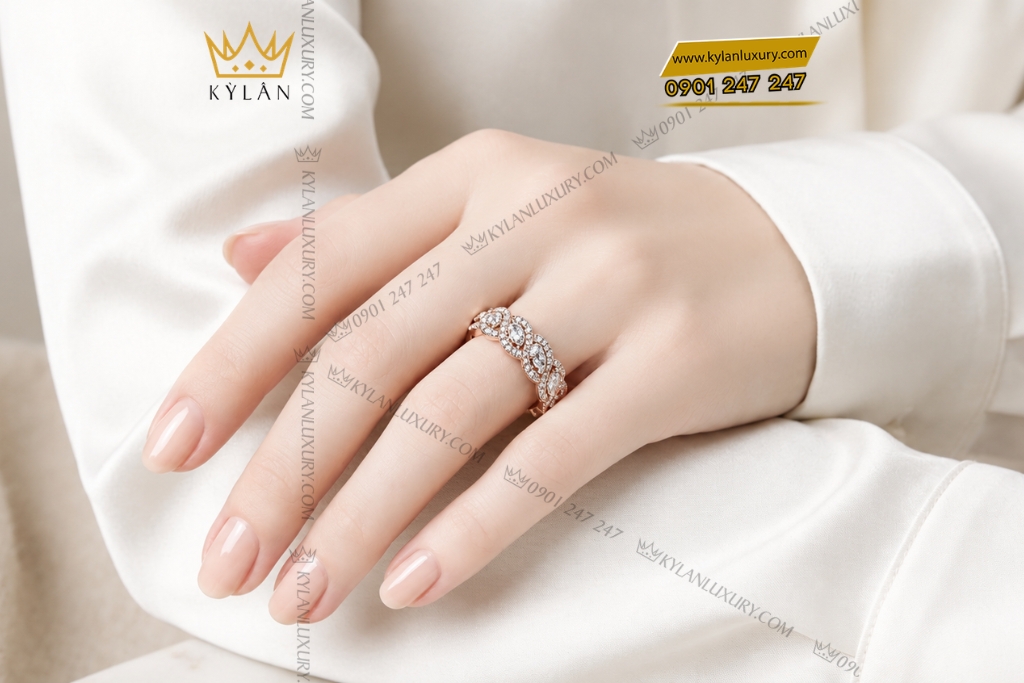 Nhẫn nữ vàng hồng Au750 đính kim cương