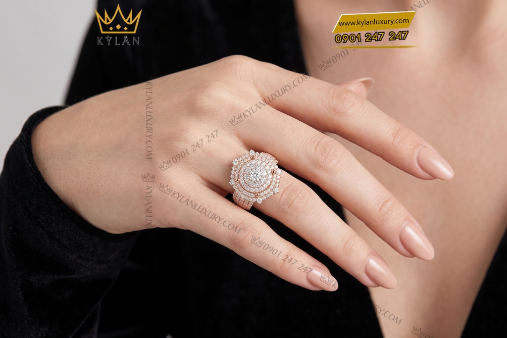 Nhẫn nữ vàng hồng Au750 đính kim cương