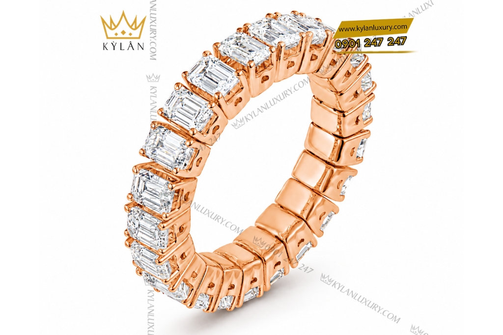Nhẫn nữ vàng hồng Au750 đính kim cương baguette 2 Nhẫn nữ vàng hồng Au750 đính kim cương baguett