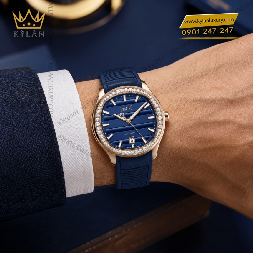 Kỳ Lân Luxury piaget polo g0a5103 vang hong mat xanh lam 6 Đồng hồ Piaget Polo 42 vàng hồng mặt số xanh lam G0A51034