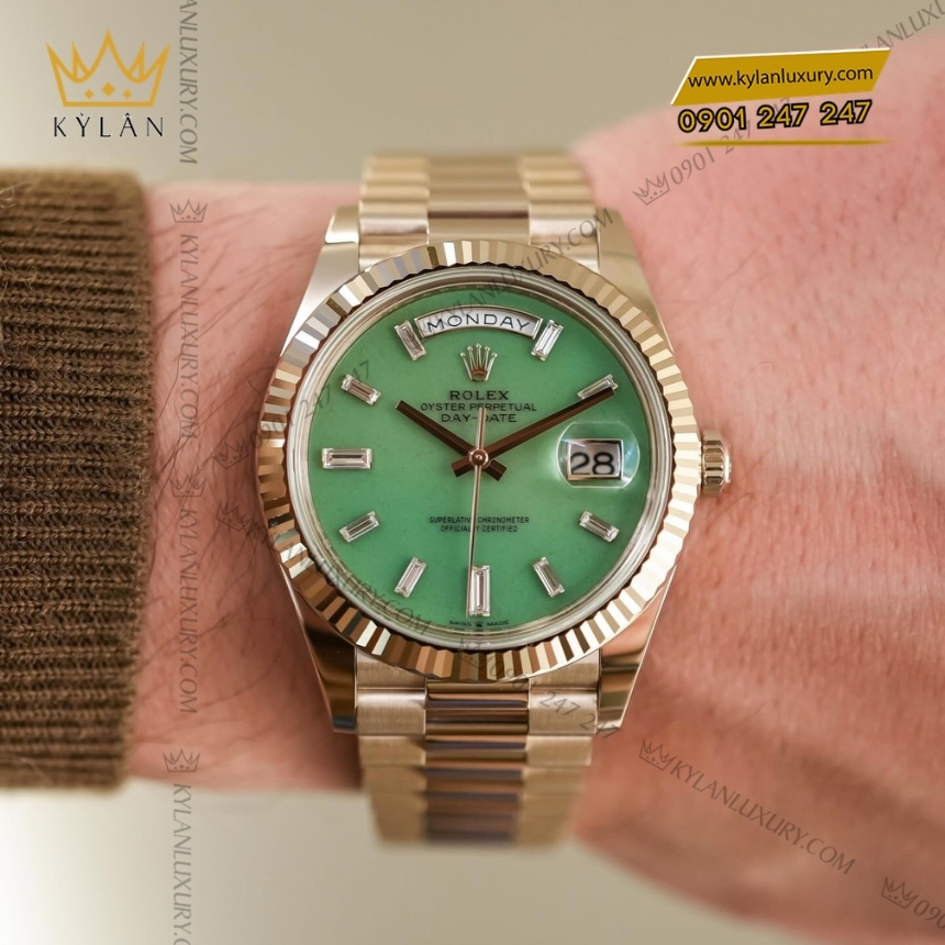 Kỳ Lân Luxury rolex day date 40 228235jg 0003 light green aventurine 4 Đồng hồ Rolex Day Date 40 mặt đá xanh lá nhạt 228235JG-0003