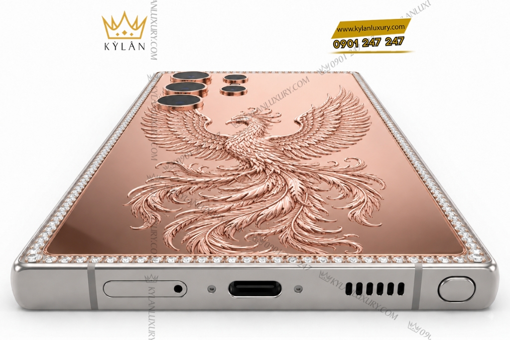 Điện thoại Samsung Galaxy S26 Ultra custom vàng hồng họa tiết phượng hoàng