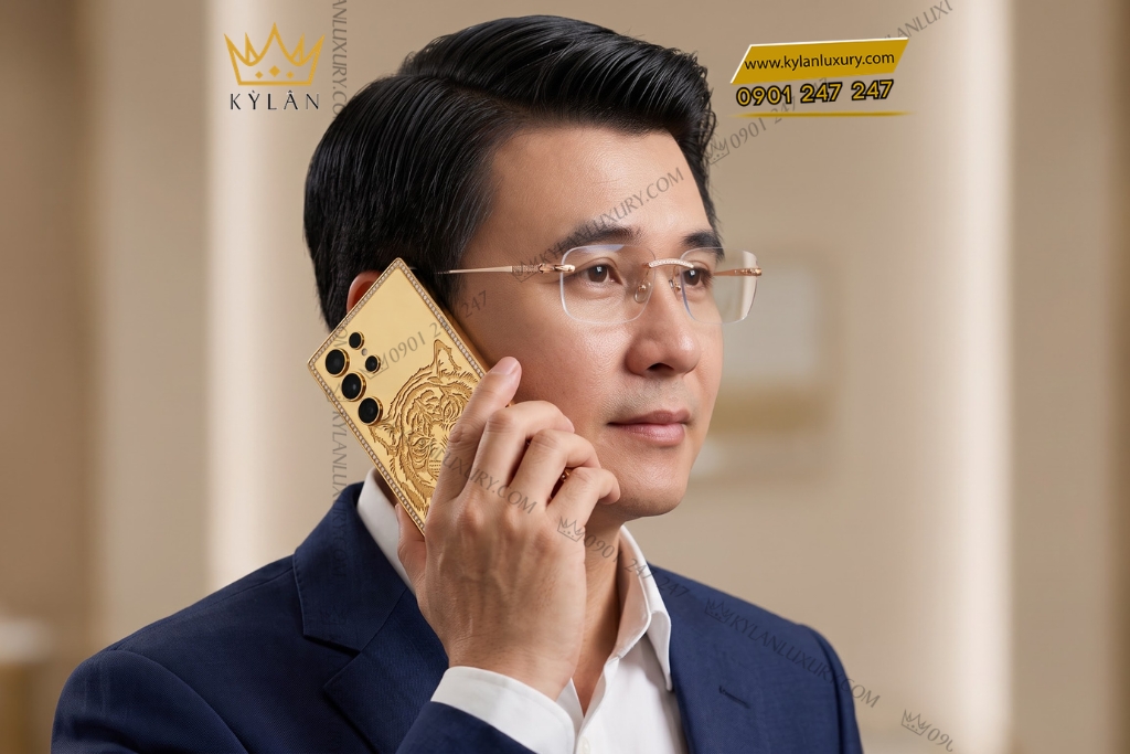 Điện thoại Samsung Galaxy S26 Ultra custom vàng họa tiết mặt hổ đính kim cương