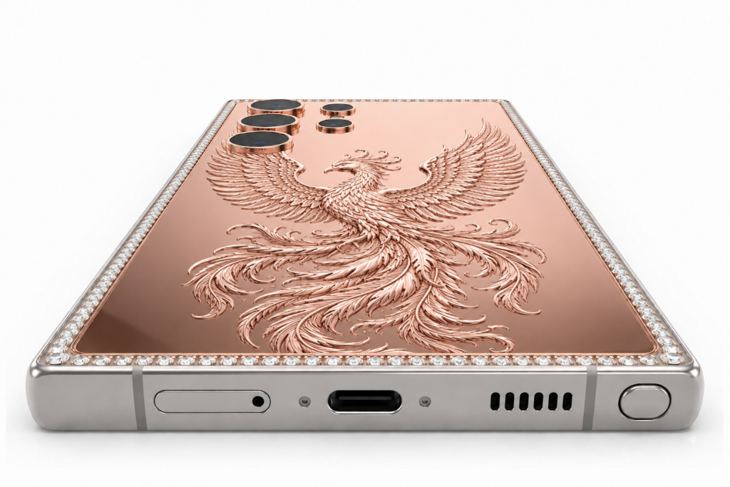 Kỳ Lân Luxury Dien thoai Samsung Galaxy S26 Ultra custom vang hong hoa tiet phuong hoang Điện thoại Samsung Galaxy S26 Ultra custom vàng hồng họa tiết phượng hoàng