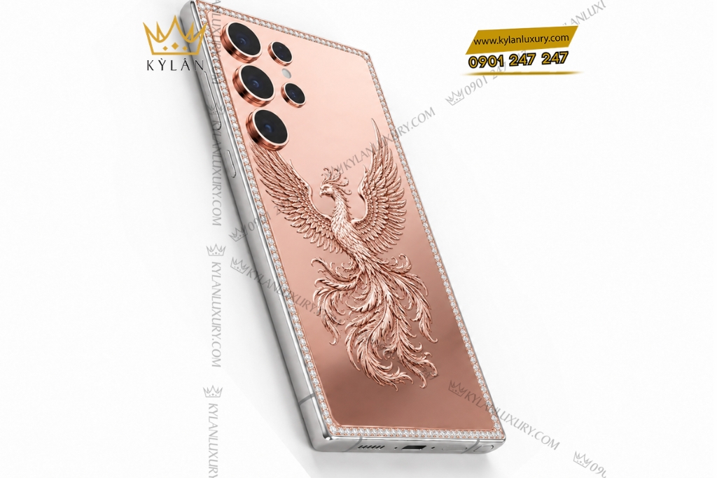 Điện thoại Samsung Galaxy S26 Ultra custom vàng hồng họa tiết phượng hoàng