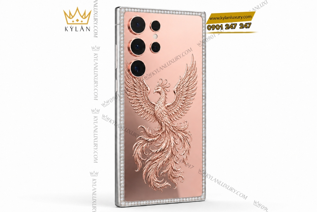 Điện thoại Samsung Galaxy S26 Ultra custom vàng hồng họa tiết phượng hoàng