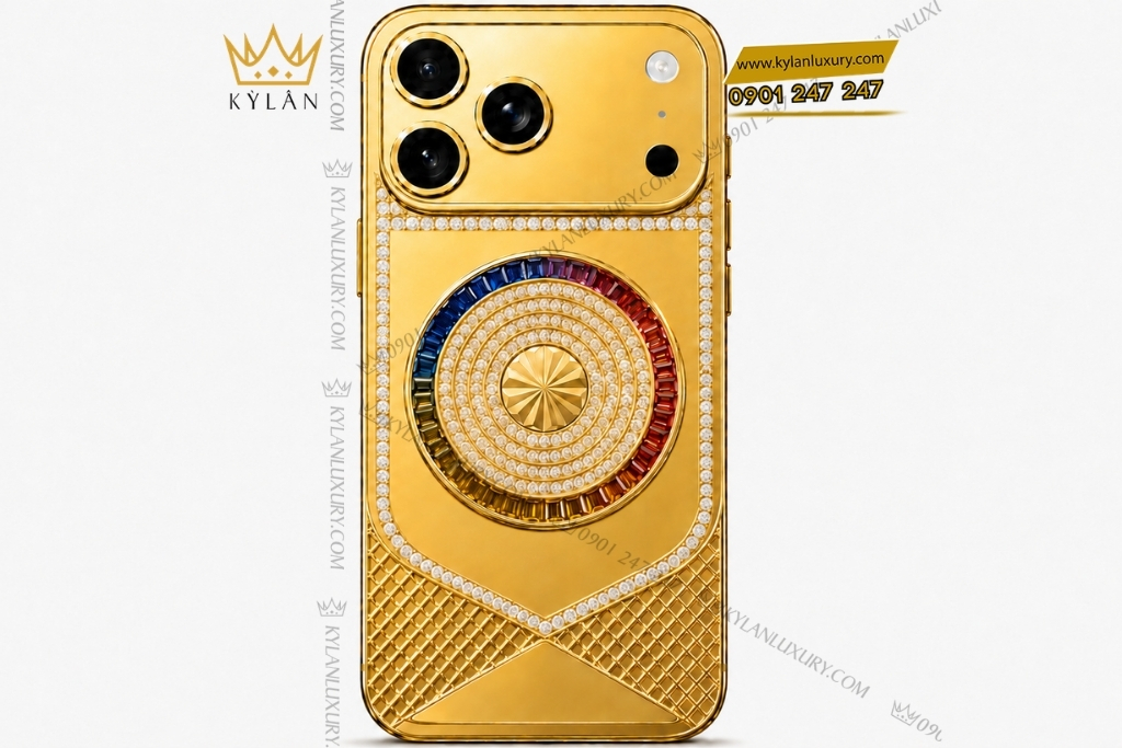 Kỳ Lân Luxury Dien thoai iPhone 17 Pro Max custom vang dinh kim cuong va da quy 1 1 Điện thoại iPhone 17 Pro Max custom vàng đính kim cương và đá quý