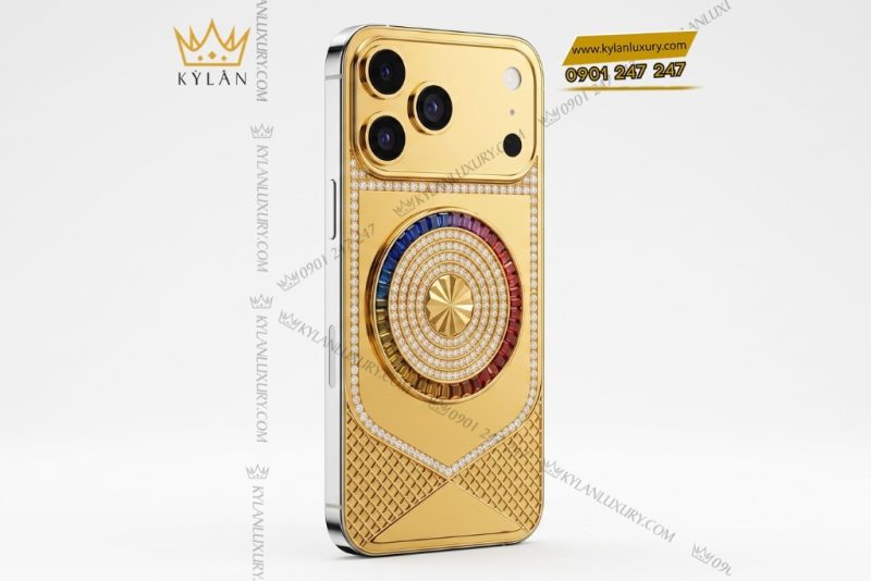Điện thoại iPhone 17 Pro Max custom vàng đính kim cương và đá quý