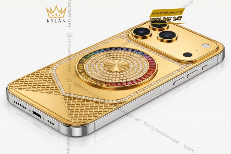 Điện thoại iPhone 17 Pro Max custom vàng đính kim cương và đá quý