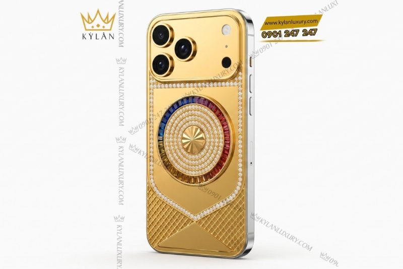 Điện thoại iPhone 17 Pro Max custom vàng đính kim cương và đá quý