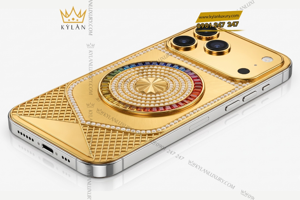 Điện thoại iPhone 17 Pro Max custom vàng đính kim cương và đá quý