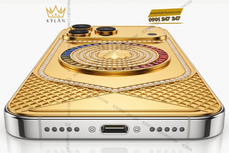 Điện thoại iPhone 17 Pro Max custom vàng đính kim cương và đá quý