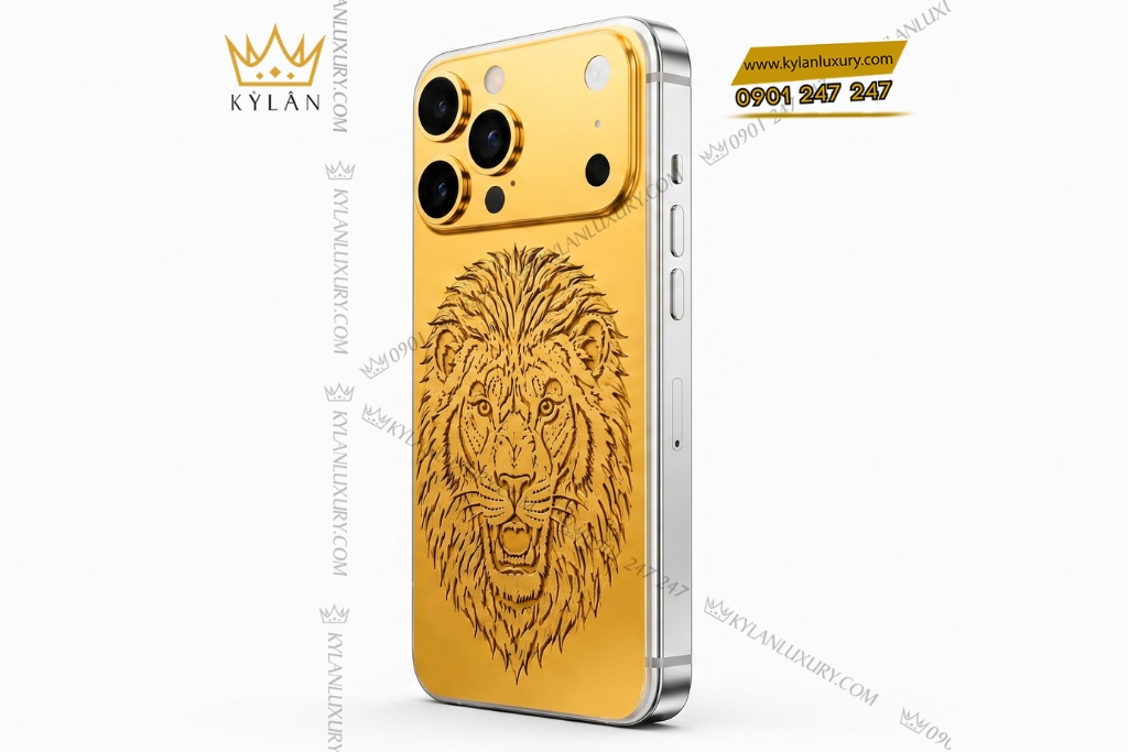Điện thoại iPhone 17 Pro Max custom vàng họa tiết mặt sư tử 6 Điện thoại iPhone 17 Pro Max custom vàng họa tiết mặt sư tử