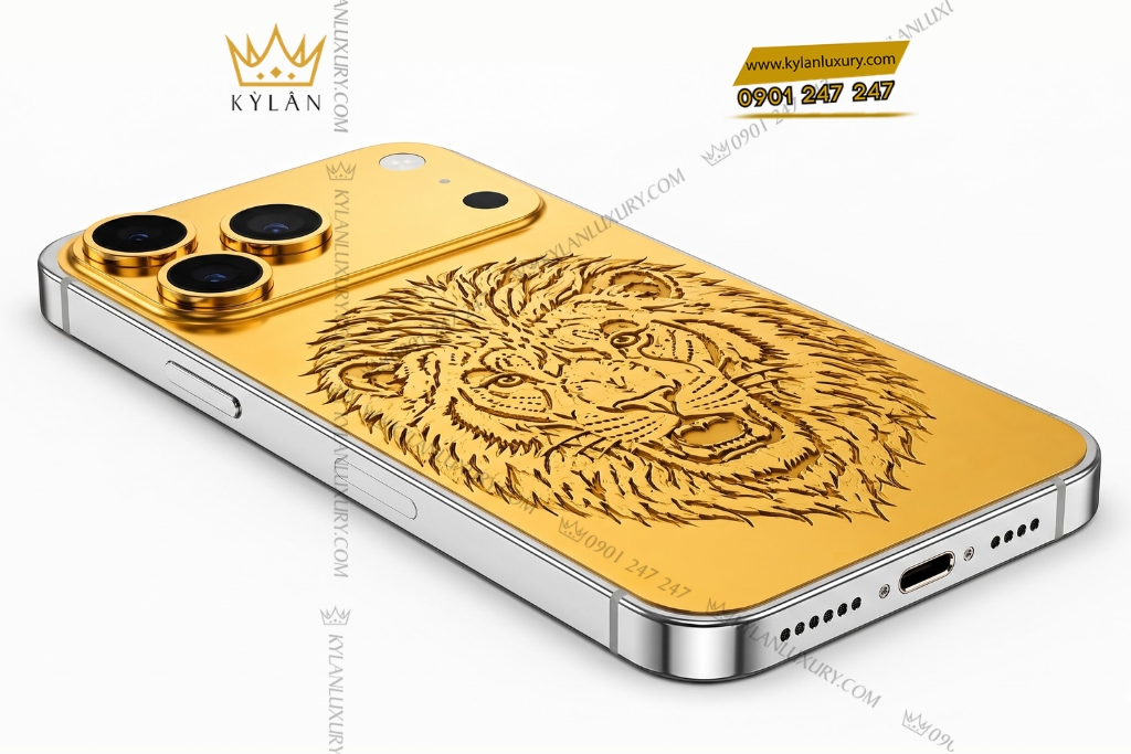Điện thoại iPhone 17 Pro Max custom vàng họa tiết mặt sư tử 5 Điện thoại iPhone 17 Pro Max custom vàng họa tiết mặt sư tử