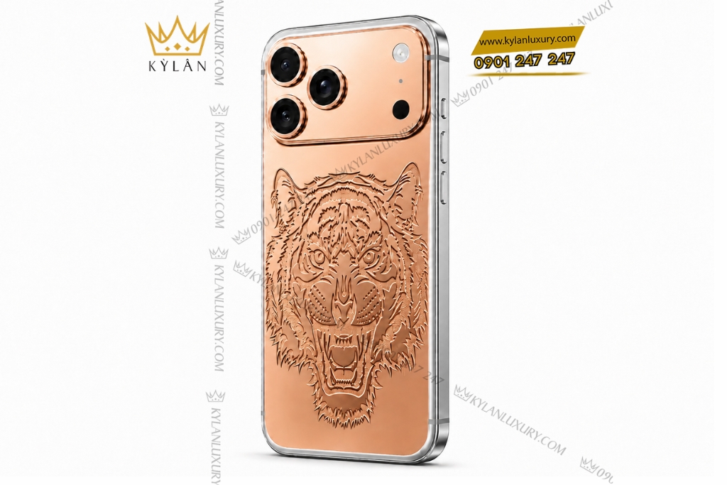 Kỳ Lân Luxury Dien thoai iPhone 17 Pro Max custom vang hong hoa tiet mat ho 4 Điện thoại iPhone 17 Pro Max custom vàng hồng họa tiết mặt hổ