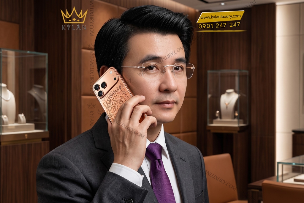 Điện thoại iPhone 17 Pro Max custom vàng hồng họa tiết mặt hổ