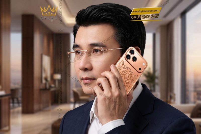 Điện thoại iPhone 17 Pro Max custom vàng hồng họa tiết mặt hổ