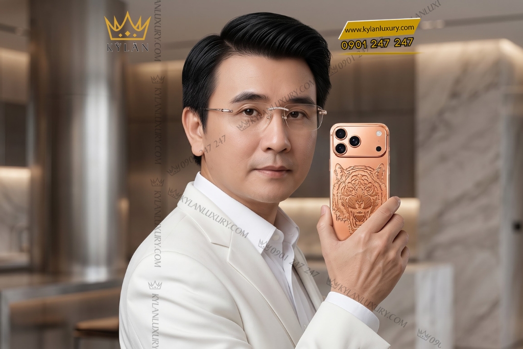 Điện thoại iPhone 17 Pro Max custom vàng hồng họa tiết mặt hổ