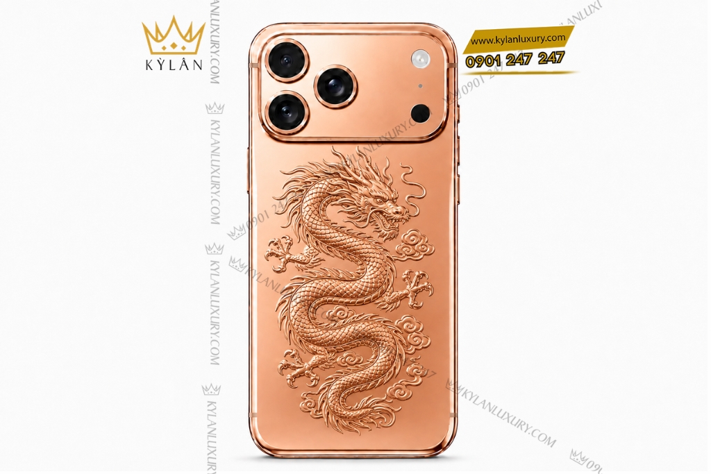 Kỳ Lân Luxury Dien thoai iPhone 17 Pro Max custom vang hong hoa tiet rong 1 Điện thoại iPhone 17 Pro Max custom vàng hồng họa tiết rồng