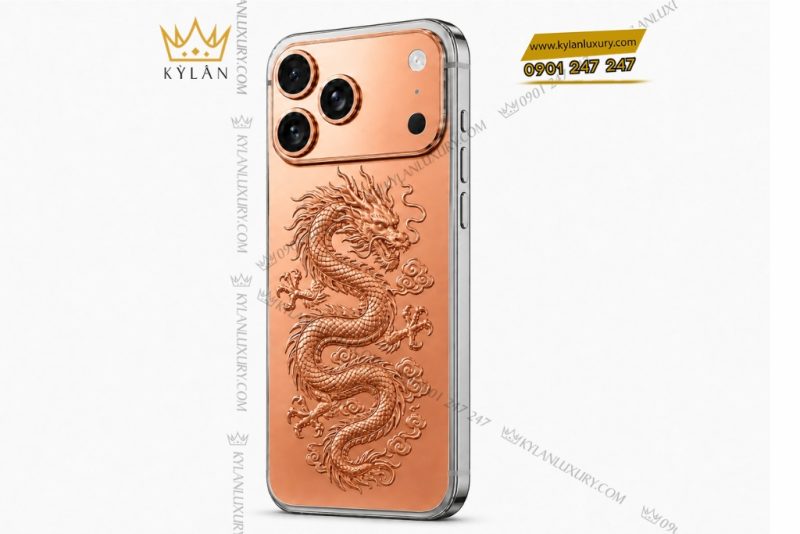 Điện thoại iPhone 17 Pro Max custom vàng hồng họa tiết rồng