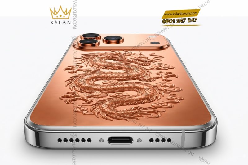 Điện thoại iPhone 17 Pro Max custom vàng hồng họa tiết rồng