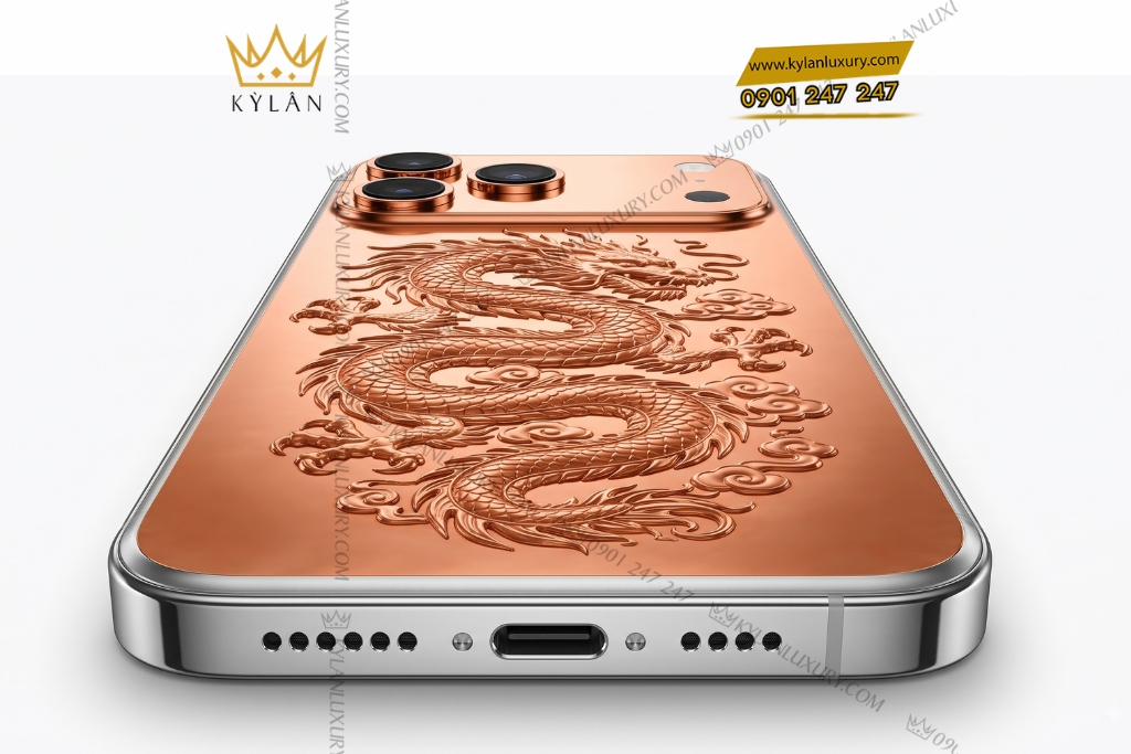 Điện thoại iPhone 17 Pro Max custom vàng hồng họa tiết rồng