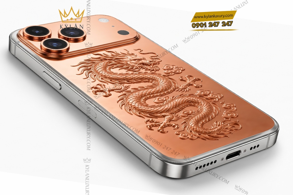 Điện thoại iPhone 17 Pro Max custom vàng hồng họa tiết rồng