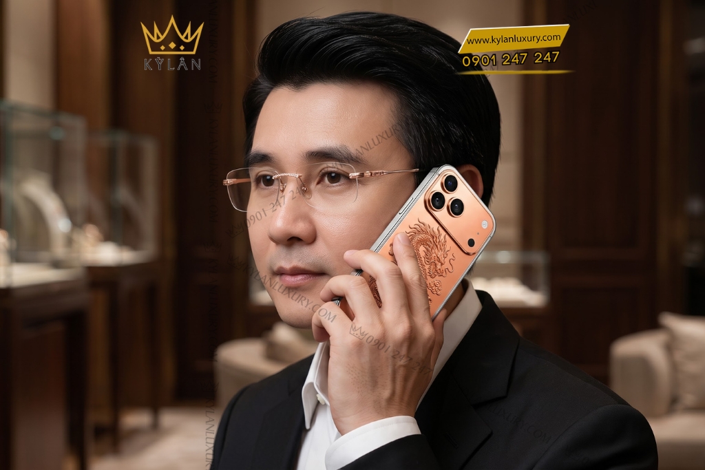 Điện thoại iPhone 17 Pro Max custom vàng hồng họa tiết rồng