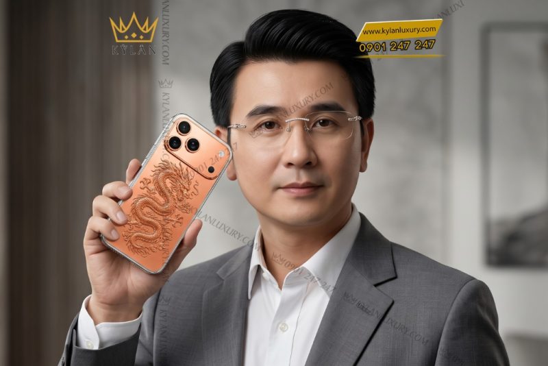 Điện thoại iPhone 17 Pro Max custom vàng hồng họa tiết rồng