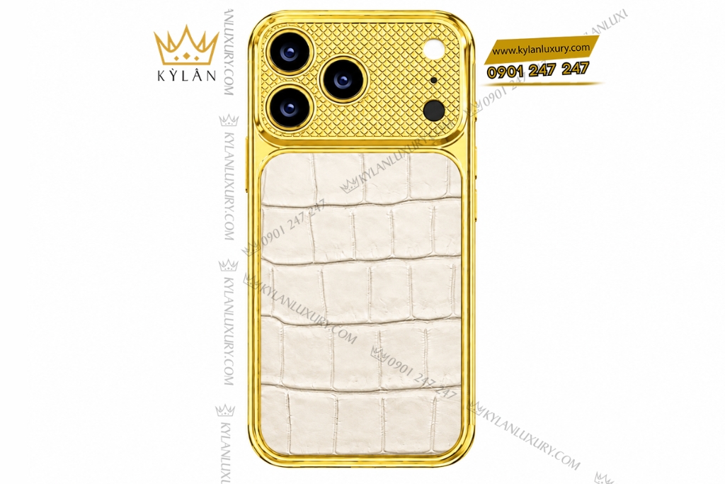 Kỳ Lân Luxury Dien thoai iPhone 17 Pro Max vang Au750 boc da ca sau 1 1 Điện thoại iPhone 17 Pro Max vàng Au750 bọc da cá sấu