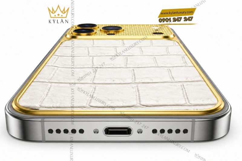 Điện thoại iPhone 17 Pro Max vàng Au750 bọc da cá sấu