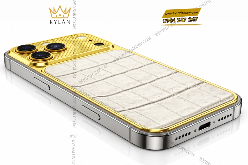 Điện thoại iPhone 17 Pro Max vàng Au750 bọc da cá sấu 