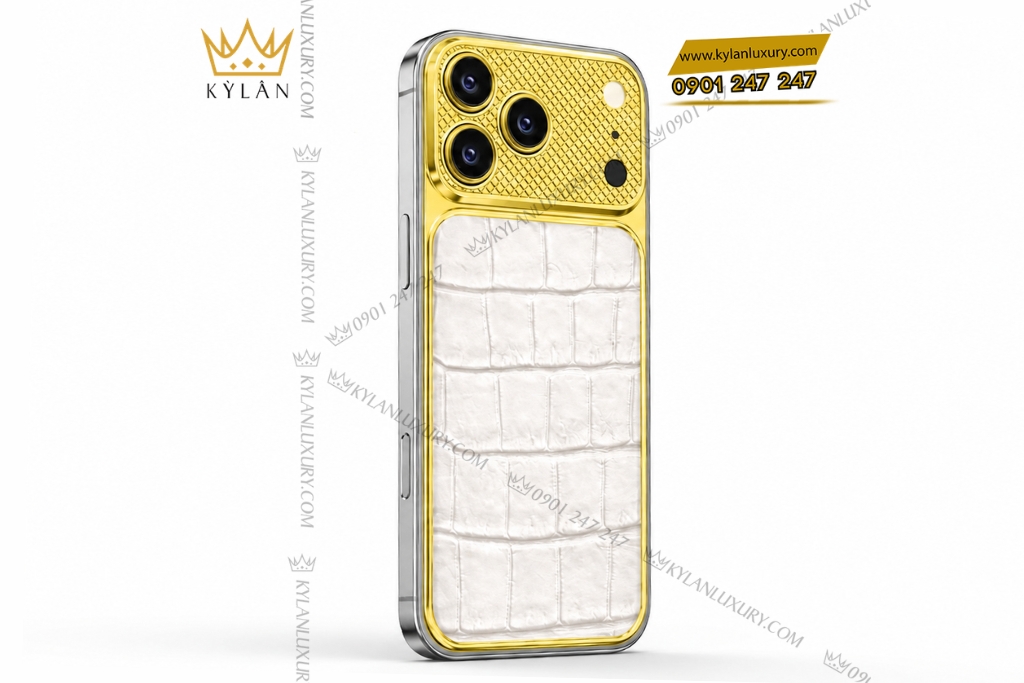 Kỳ Lân Luxury Dien thoai iPhone 17 Pro Max vang Au750 boc da ca sau 5 1 Điện thoại iPhone 17 Pro Max vàng Au750 bọc da cá sấu