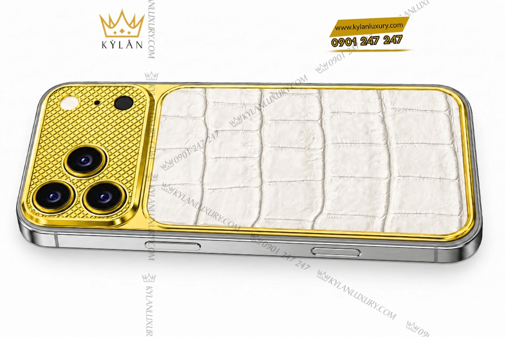 Kỳ Lân Luxury Dien thoai iPhone 17 Pro Max vang Au750 boc da ca sau 6 1 Điện thoại iPhone 17 Pro Max vàng Au750 bọc da cá sấu