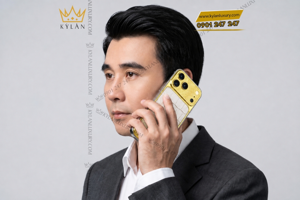 Điện thoại iPhone 17 Pro Max vàng Au750 bọc da cá sấu 