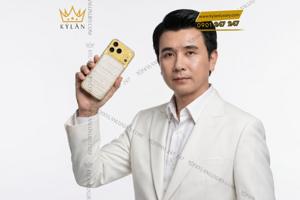 Điện thoại iPhone 17 Pro Max vàng Au750 bọc da cá sấu 