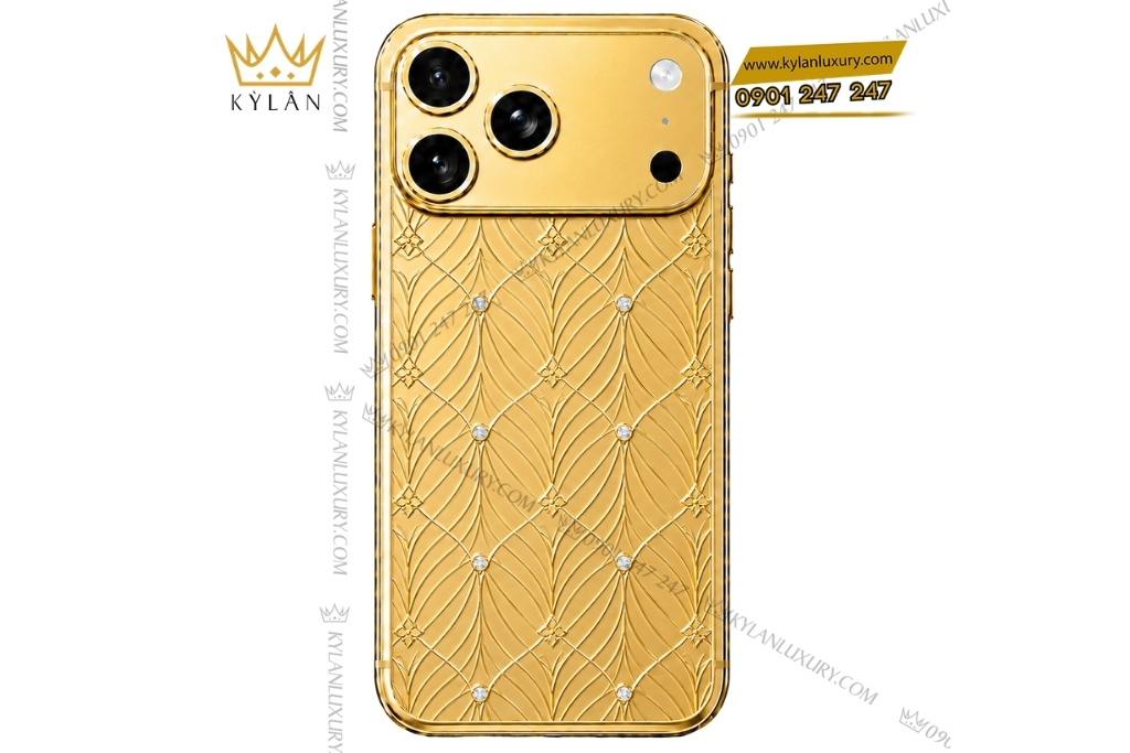Kỳ Lân Luxury Dien thoai iPhone 17 Pro Max vang Au750 hoa tiet canh la dinh kim cuong 1 Điện thoại iPhone 17 Pro Max vàng Au750 họa tiết cánh lá đính kim cương