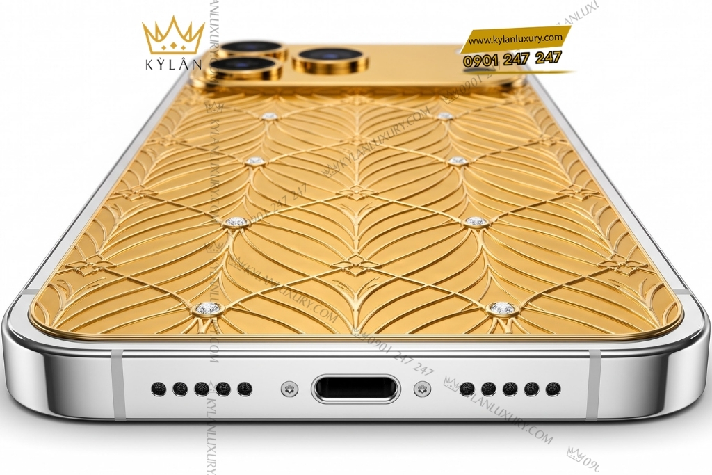 Điện thoại iPhone 17 Pro Max vàng Au750 họa tiết cánh lá đính kim cương
