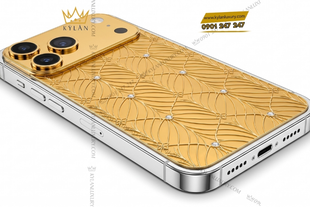 Điện thoại iPhone 17 Pro Max vàng Au750 họa tiết cánh lá đính kim cương