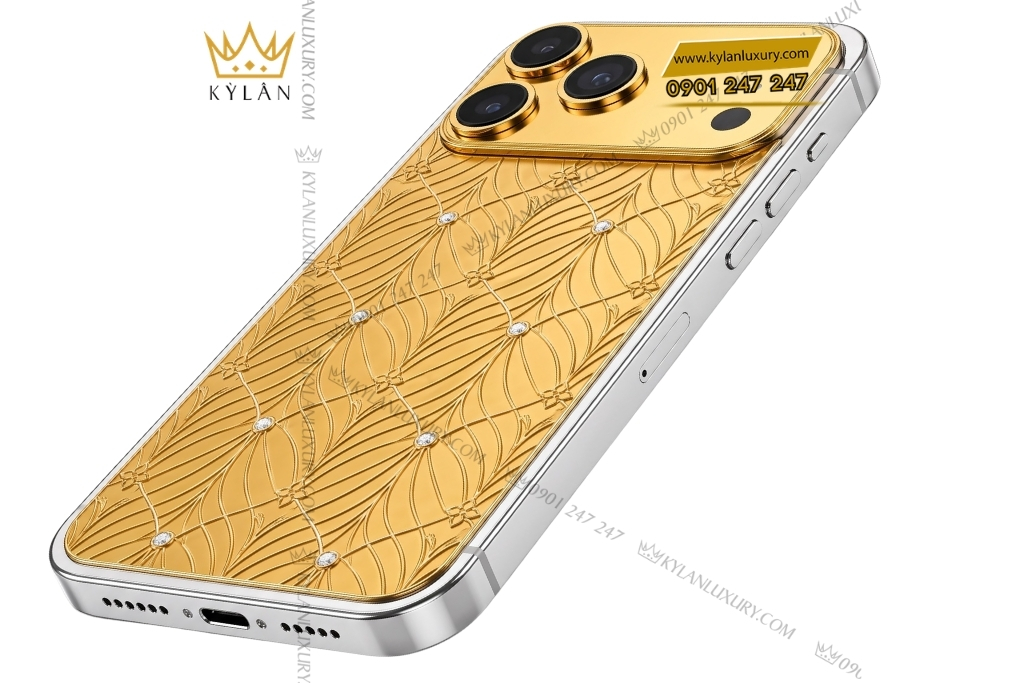 Điện thoại iPhone 17 Pro Max vàng Au750 họa tiết cánh lá đính kim cương