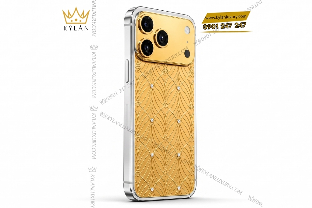 Điện thoại iPhone 17 Pro Max vàng Au750 họa tiết cánh lá đính kim cương