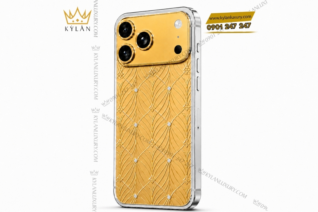 Kỳ Lân Luxury Dien thoai iPhone 17 Pro Max vang Au750 hoa tiet canh la dinh kim cuong 6 Điện thoại iPhone 17 Pro Max vàng Au750 họa tiết cánh lá đính kim cương