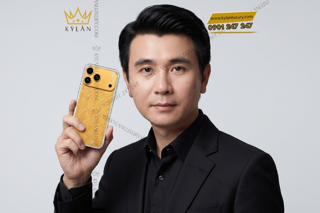 Điện thoại iPhone 17 Pro Max vàng Au750 họa tiết cánh lá đính kim cương