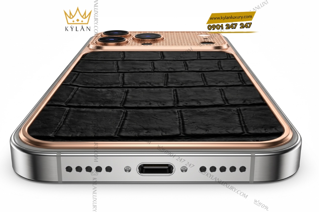 Điện thoại iPhone 17 Pro Max vàng hồng Au750 bọc da cá sấu