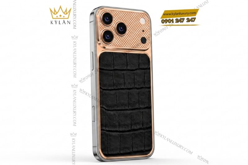 Điện thoại iPhone 17 Pro Max vàng hồng Au750 bọc da cá sấu