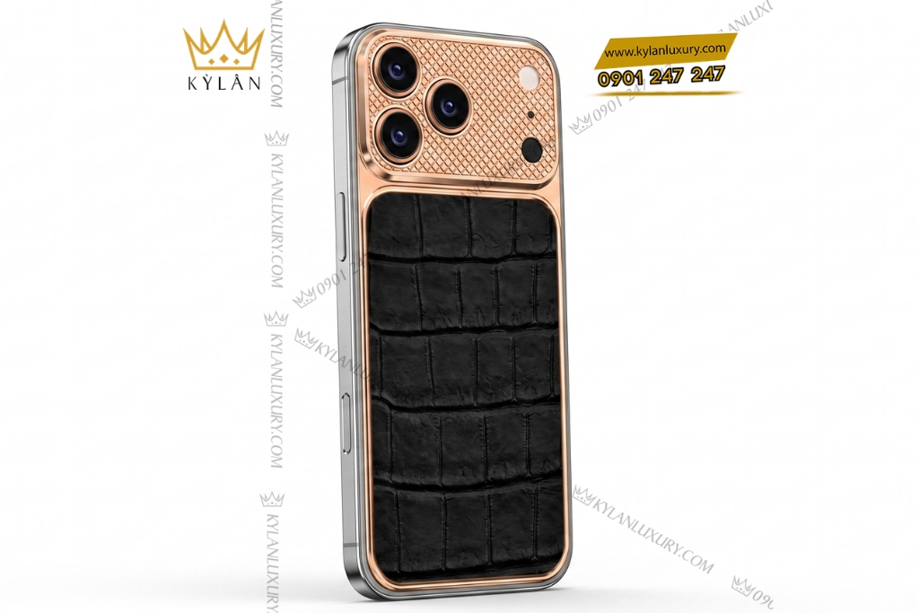 Kỳ Lân Luxury Dien thoai iPhone 17 Pro Max vang hong Au750 boc da ca sau 4 Điện thoại iPhone 17 Pro Max vàng hồng Au750 bọc da cá sấu