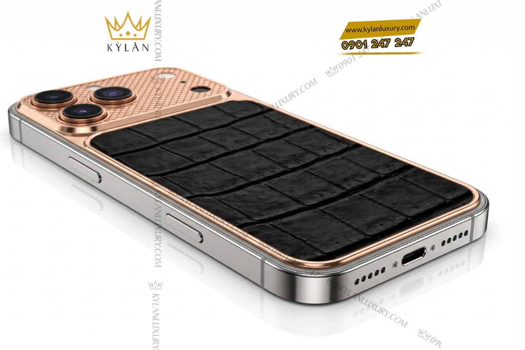 Điện thoại iPhone 17 Pro Max vàng hồng Au750 bọc da cá sấu