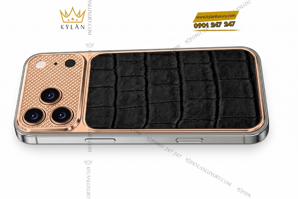 Điện thoại iPhone 17 Pro Max vàng hồng Au750 bọc da cá sấu